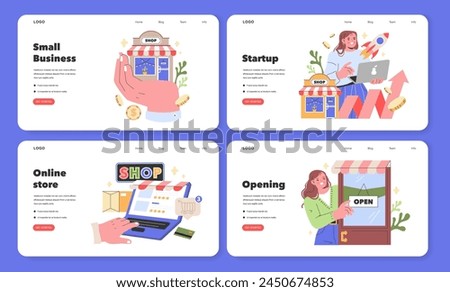 Webpage Small Business Collection A dynamic showcase of small business stages: inception, digital transition, blossoming startups, and joyful openings Vector illustration