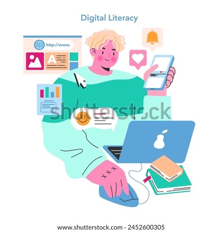 Digital Literacy concept. An individual engages with multiple devices, showcasing modern information fluency. Navigating the web, social media interaction. Vector illustration.