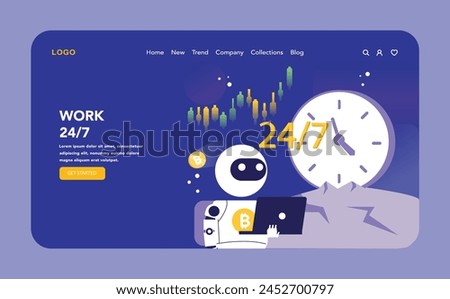 Round-the-clock work night or dark mode web or landing page. Crypto trading bot tirelessly operating around the clock, ensuring continuous market presence and trading opportunities.