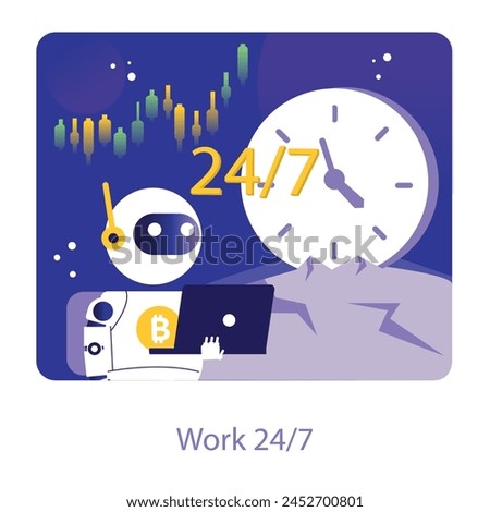 Round-the-clock work concept. The illustration depicts a crypto trading bot tirelessly operating around the clock, ensuring continuous market presence and trading opportunities. Vector illustration.