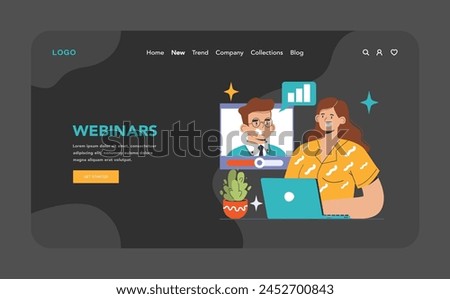 Webinars dark or night mode web, landing. Eager participant joins an informative session led by a digital expert, fostering online learning. Engaging virtual discussion. Flat vector illustration
