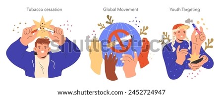 No Tobacco Day set. Diverse hands breaking a cigarette, uniting for smoke-free world, and targeting youth awareness. Health advocacy. Vector illustration.