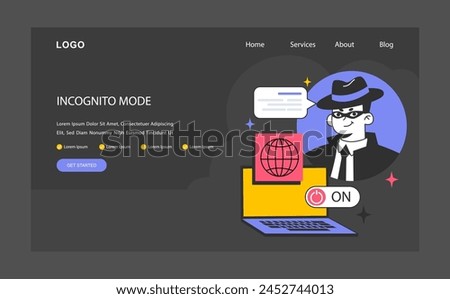 Incognito mode web banner or landing page dark or night mode. Private access to browser. Anonymous search on laptop. Online privacy and personal data protection. Flat vector illustration