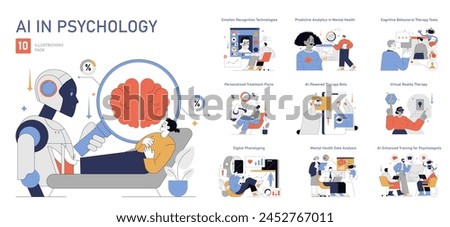 AI in Psychology set. Integration of artificial intelligence in mental health practices. Emotional recognition, predictive analytics, and therapeutic robotics. Vector illustration.