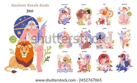 Ancient Greek Gods set. Pantheon of Olympians with symbolic attributes. Zeus with a lightning bolt, Athena with an owl, and others. Vector illustration.