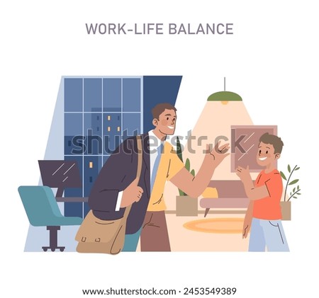 Work-Life Balance concept. Father arriving home from work to a warm welcome by child. Prioritizing family in a busy world.