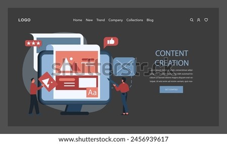 Content creation web banner or landing page dark or night mode. SMM and digital promotion. Content marketing, data visualization and optimization. Creative process. Flat vector illustration