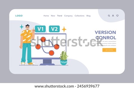 Version Control web or landing. Trendy developer showcasing progression from V1 to V2 on a monitor, highlighting software updates. Seamless project revisions. Flat vector illustration