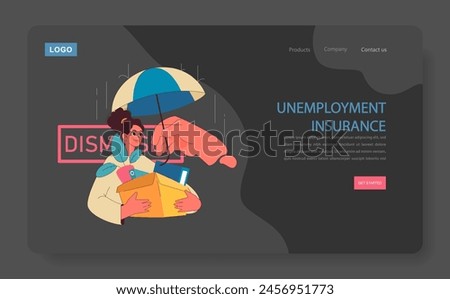 Resilient woman clutches her belongings after a dismissal, finding solace under the shield of unemployment insurance. Large hand offers an umbrella, indicating protection. Flat vector illustration.