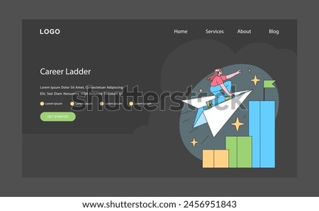 Career ladder dark or night mode web, landing. Ascent to success and goal achievement with ambition and effort. Business woman climbing the corporate steps. Flat vector illustration.