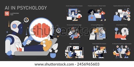 AI in Psychology set. Integration of artificial intelligence in mental health care. Illustrating emotion recognition, predictive analytics, and virtual therapy. Vector illustration.