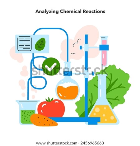 Flavor Reversal concept. Illustration of lab equipment analyzing taste profiles of fruits and vegetables. Food science experimentation. Vector illustration.