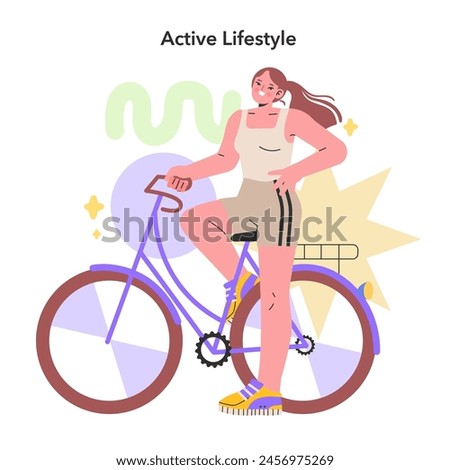 Active Lifestyle theme. A woman pauses during a bike ride, embodying the energy and movement of fitness-focused youth. Health and vitality through exercise showcased with playful dynamism. Vector