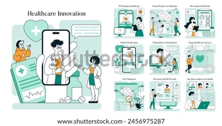 Healthcare Innovation set. Advancements in telemedicine, AI diagnosis, and mobile health apps. Cutting-edge medical technologies represented. Vector illustration.