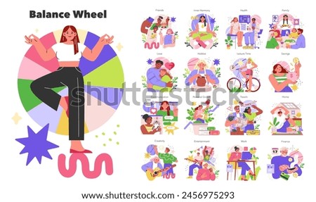 Balance Wheel concept. A comprehensive illustration of a woman meditating before a wheel with various life aspects. Inner harmony to finance. Vector illustration.