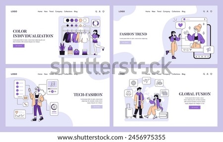 Online Shopping Experience set. Customizing fashion, embracing technology trends, global style fusion. Modern eCommerce fashion interface. Vector illustration.