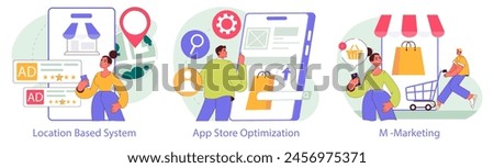 Mobile Marketing set. Engaging consumers through location-based ads, optimizing app stores, and promoting mobile shopping experiences. Vector illustration.