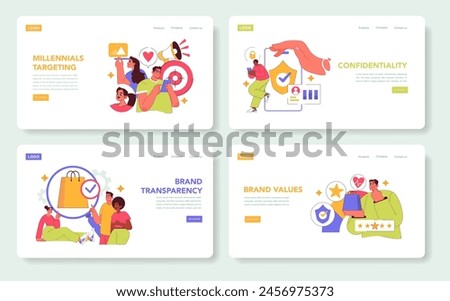 Marketing Strategies set. Engaging millennials, ensuring confidentiality, promoting brand transparency, and upholding brand values. Vector illustration.