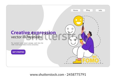 Overcoming FOMO concept. A person selects a happy face emoji amidst various emotions, with a NO FOMO badge. Conquering fear of missing out. Vector illustration.