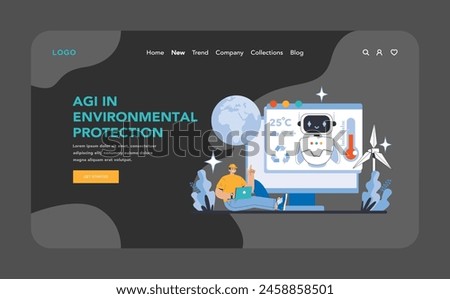 AGI night or dark mode web or landing page. AI as a catalyst for environmental protection. Leveraging technology for sustainable earth stewardship. Flat vector illustration.