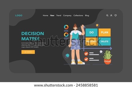 Decision-making dark or night mode web, landing. Strategic thinking, brainstorming and solution research. Multiple options. Pros and cons, risk and benefits analysis. Flat vector illustration