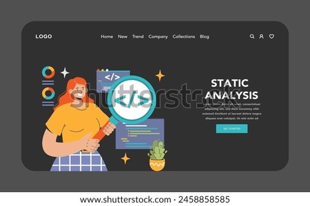 Software testing web banner or landing page dark or night mode. Code testing and debugging. IT specialist searching for bugs. Website and application development. Flat vector illustration