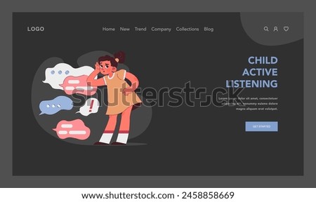 Active listening concept. Curious child with speech bubbles, eager to hear and understand. Little girl listens carefully. Communication, feedback. Attention signals. Flat vector illustration