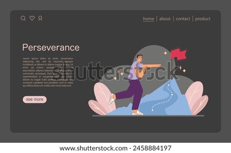 Journey to Success illustration. A man strides towards a summit flag, depicting the essence of perseverance in goal attainment. A visual ode to relentless pursuit. Flat vector illustration