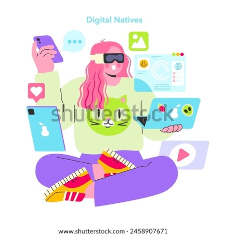 Digital Natives concept. Youth immersed in technology with multiple devices and virtual reality. Tech-savvy generation connectivity. Vector illustration.