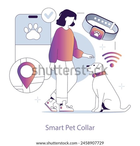 Pet Care collar concept. Owner and dog with smart collar for location tracking and health monitoring. Pet tech for safety and connectivity. Vector illustration.