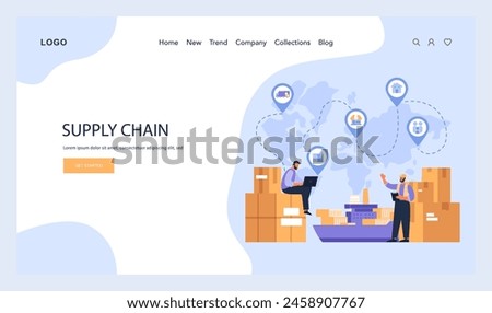 Supply Chain Dynamics concept. Global logistics network and distribution channels. Coordination of freight, warehousing, and shipping. Flat vector illustration