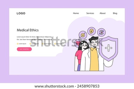 Medical Ethics concept. A portrayal of healthcare professionals upholding patient happiness and rights, symbolized by a protective shield. Flat vector illustration.