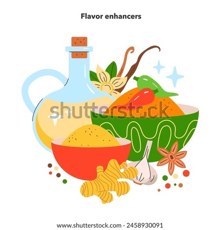Flavor Reversal concept. Colorful array of spices and condiments awakens taste sensations. Invigorating ginger, fiery pepper, and aromatic oil. Vector illustration.
