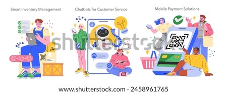 Retail Technology set. Illustration of modern retail innovations including smart inventory management, customer service chatbots, and mobile payment solutions. Vector illustration.