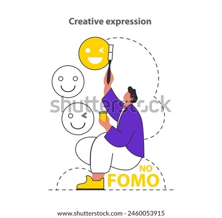 Conquering FOMO concept. A person finds joy in creativity, painting happy faces and embracing the 'No FOMO' mindset. Self-care and mindful living. Vector illustration.