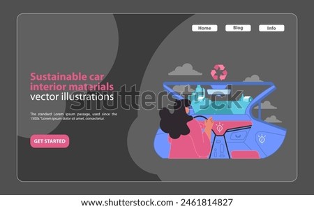 Eco-conscious driving experience. A focus on sustainable car interior materials in electric vehicle design. Driving towards a greener future. Flat vector illustration.