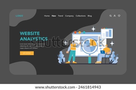 Internet services night or dark mode web or landing page. Website Analytics and Tracking. Detailed data analysis and performance metrics for strategic decision-making.