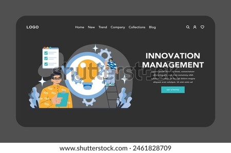 Innovation Management night or dark mode web or landing page. Continuous improvement and ideation in business. Creative thinking and solution development. Flat vector illustration.