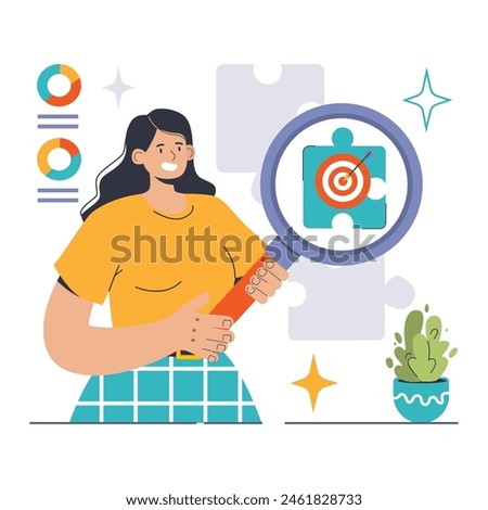 Niche Market concept. Woman analyzing specific audience with a magnifying glass. Targeted marketing strategies, audience insights. Modern color palette. Flat vector illustration