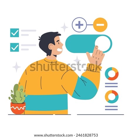 Activation Function concept. Enthusiastic man interacts with neural operations, selecting modes. Machine learning, neuron adjust. Flat vector illustration