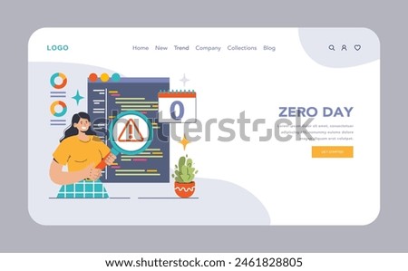 Zero day vulnerability web or landing. Woman analyzing code, magnifying potential threat. Immediate software patch urgency. Flat vector illustration