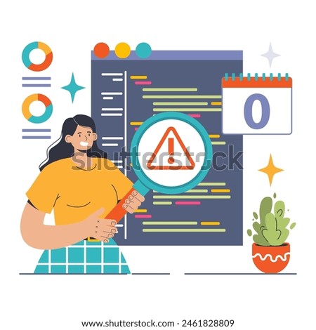 Zero day vulnerability discovered. Woman analyzing code, magnifying potential threat. Immediate software patch urgency. Flat vector illustration