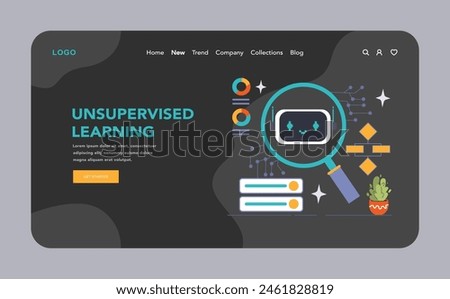 Unsupervised Learning concept. Exploring patterns and structures in data through algorithms, represented by an enigmatic robot under a magnifying glass. Flat vector illustration