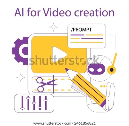 AI for video creation concept. Artificial intelligence streamlines video editing with tools and automation. Simplified content production process. Vector illustration.