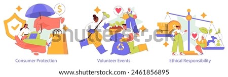 Social Responsibility set. Protecting consumers, engaging in volunteer work, and upholding ethics. Advocacy for consumer rights, community service, and ethical equality. Vector illustration.