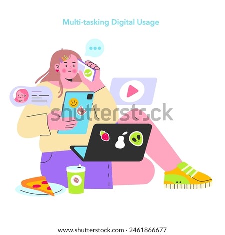 Digital Natives concept. Young person engaging multiple devices for communication, entertainment, and work. Seamless technology integration in everyday life. Vector illustration.