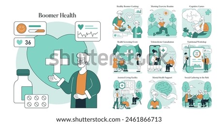 Boomer Health set. Active aging lifestyle with exercise, nutrition, cognitive activities, and healthcare. Supportive community and telemedicine services. Vector illustration.