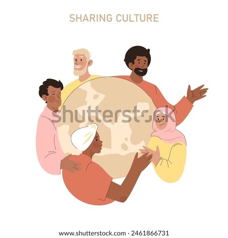 Cultural Unity concept. Diverse group of people embracing a globe, representing global community and cultural exchange. Multiethnic harmony and world peace. Vector illustration.