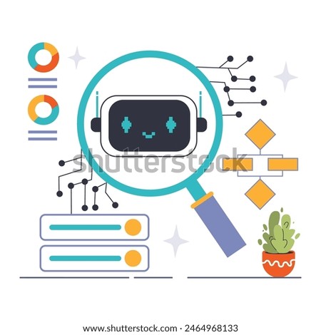 Unsupervised Learning concept. Exploring patterns and structures in data through algorithms, represented by an enigmatic robot under a magnifying glass. Flat vector illustration