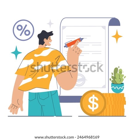 Bonds concept. Young investor analyzing a bond certificate with a highlighted pen, coin stack beside him. Fixed income, stable return. Flat vector illustration.